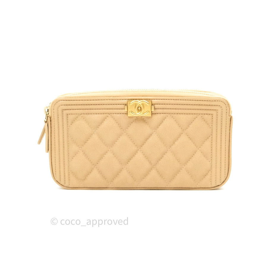 Chanel Boy Beige Quilted Caviar Clutch on Chain Gold Hardware