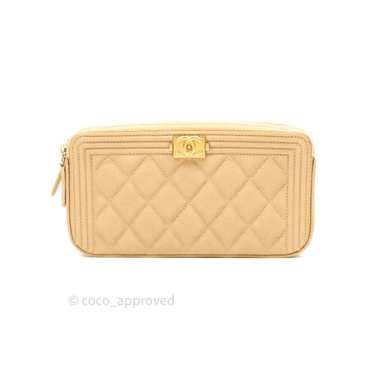 Chanel Boy Beige Quilted Caviar Clutch on Chain Gold Hardware