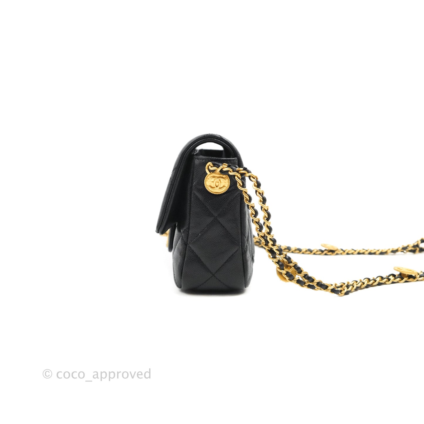 Chanel Small Flap with Coin Charm Black Caviar Aged Gold Hardware 22A