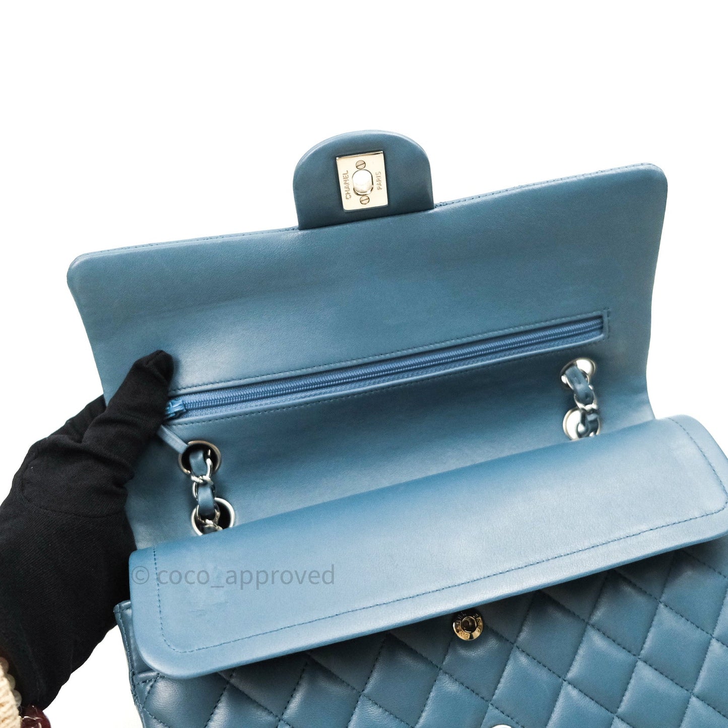 Chanel Classic M/L Lambskin Medium Double Flap Teal Blue Silver Hardware