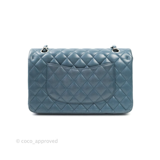 Chanel Classic M/L Medium Double Flap Blue Silver Hardware