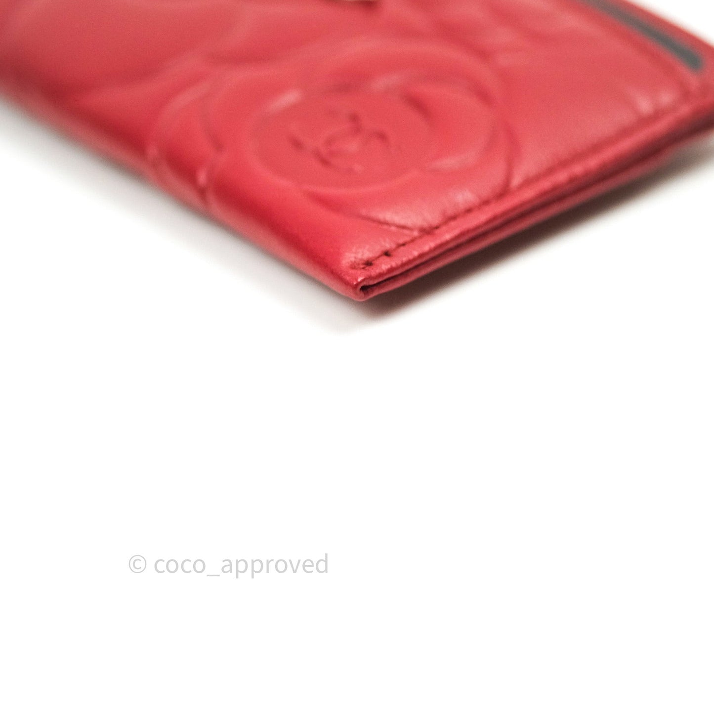 Chanel Quilted Classic Red Camellia Goatskin Silver Hardware Flat Card Holder