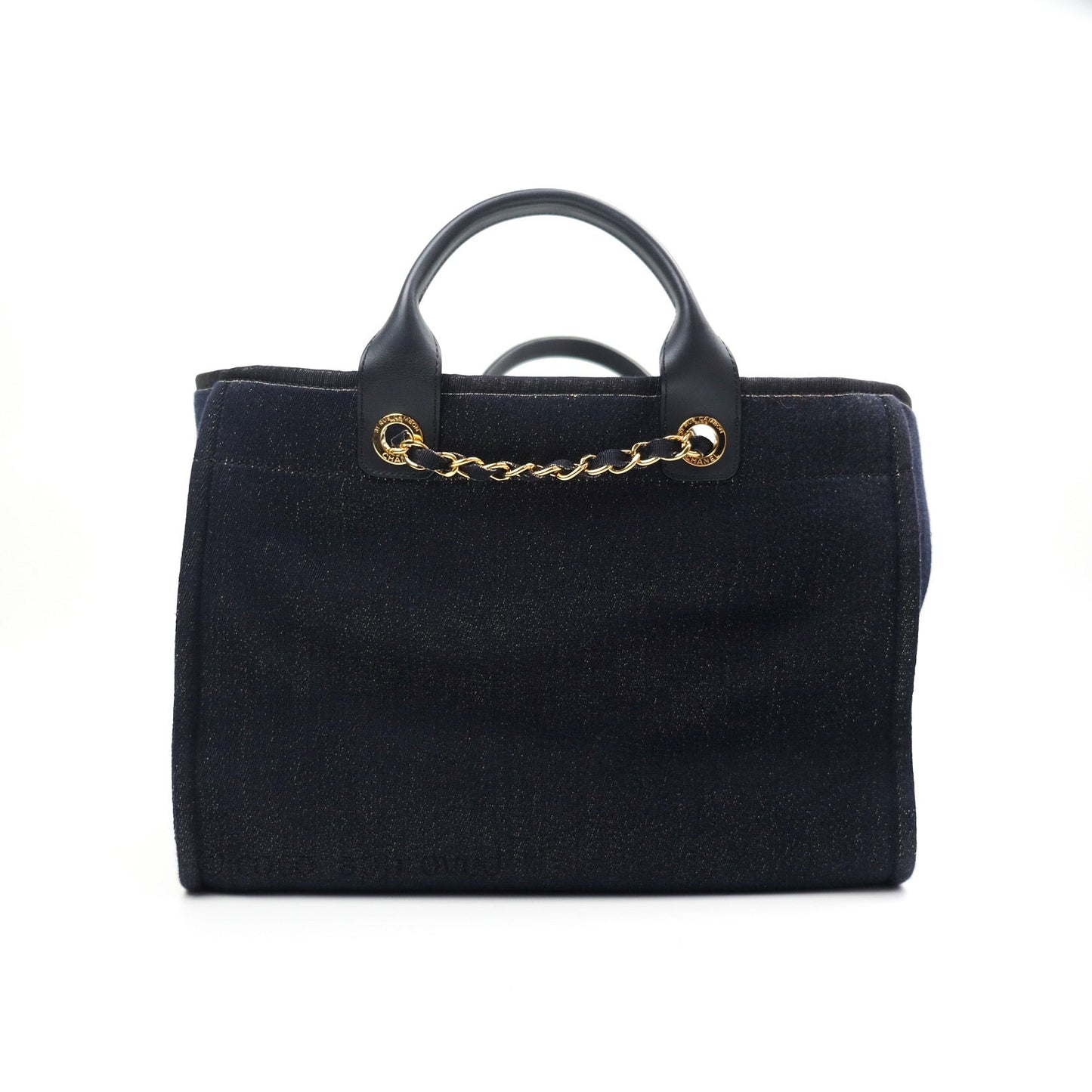 Chanel Canvas Large Deauville Tote Navy Glittery Gold Logo 19B