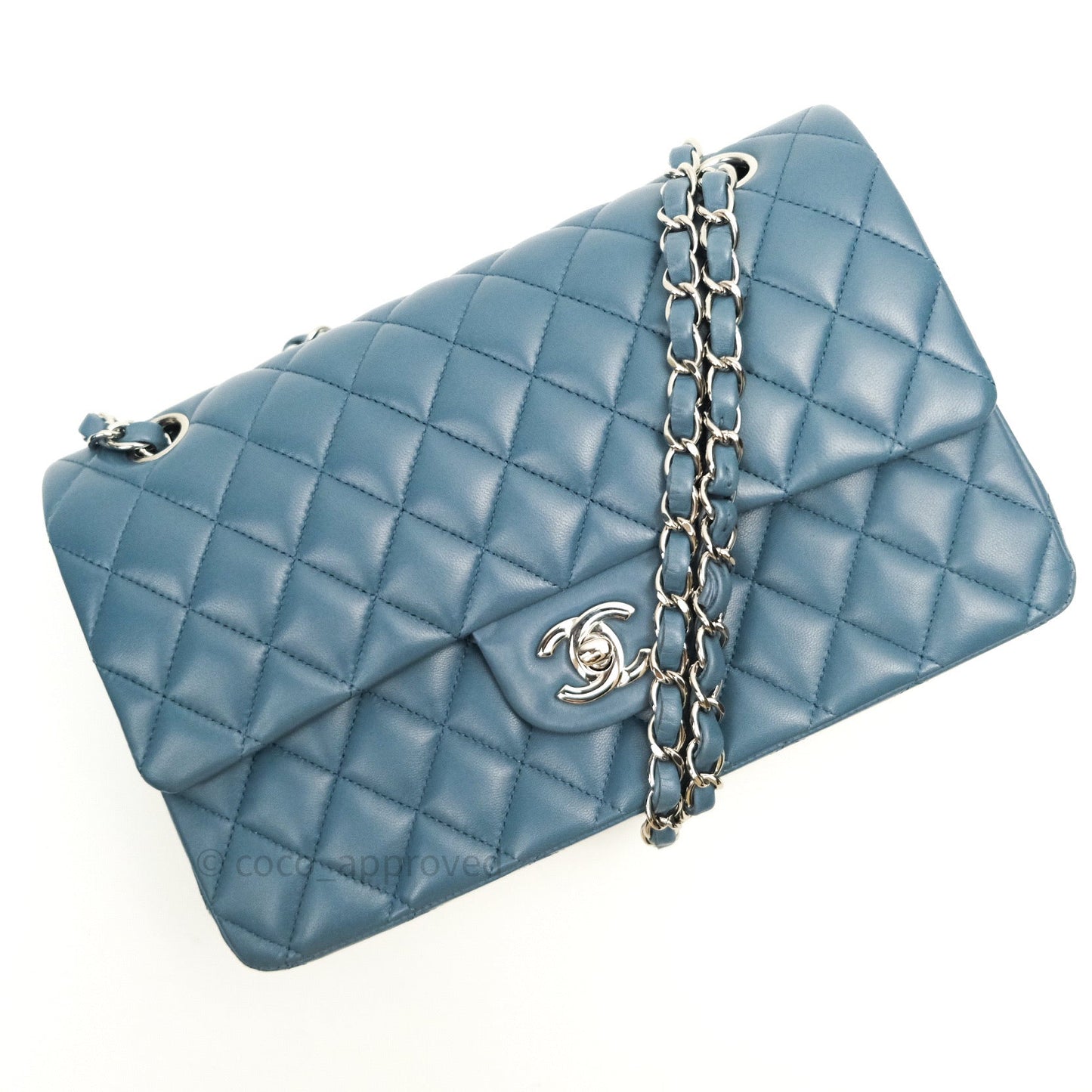 Chanel Classic M/L Lambskin Medium Double Flap Teal Blue Silver Hardware