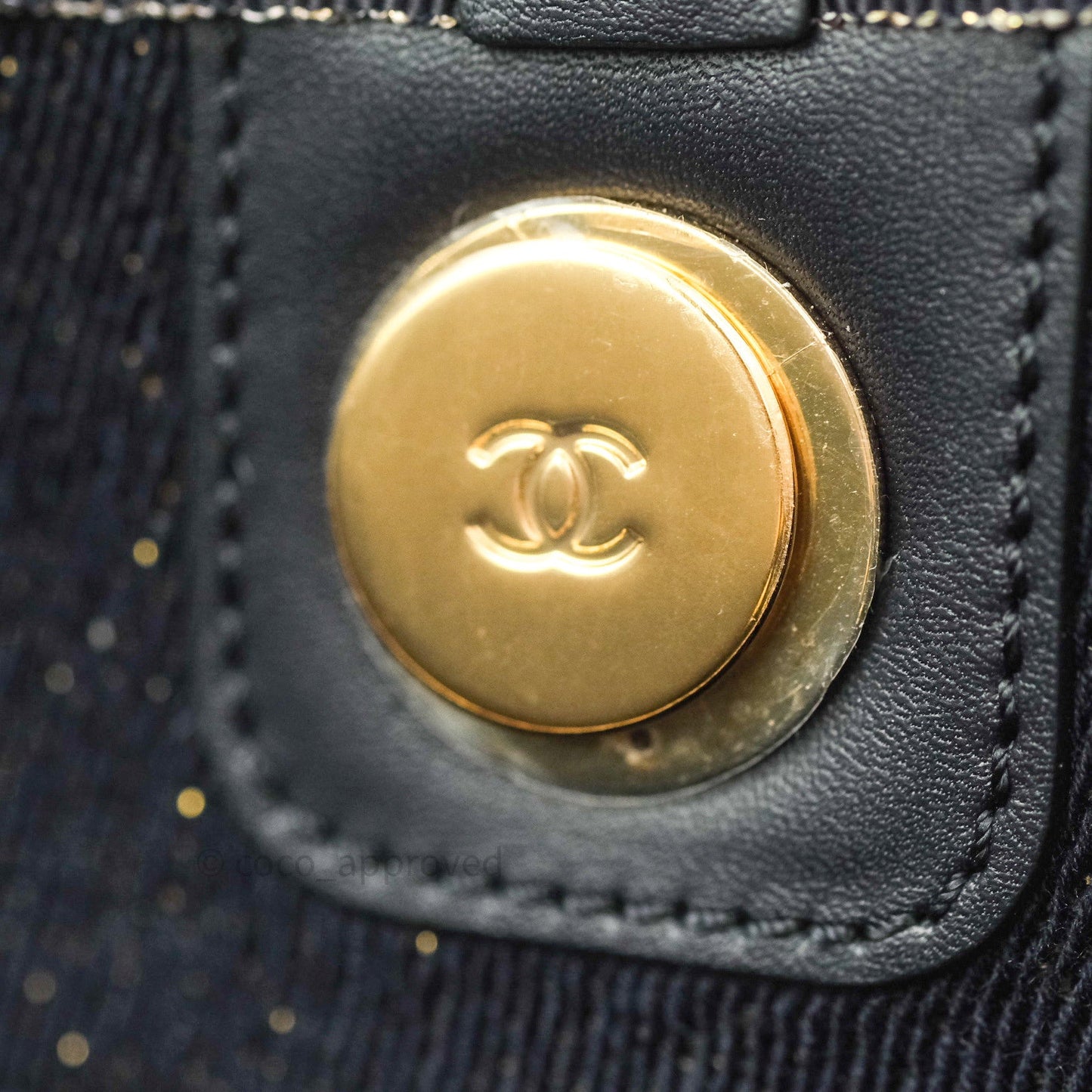 Chanel Canvas Large Deauville Tote Navy Glittery Gold Logo 19B