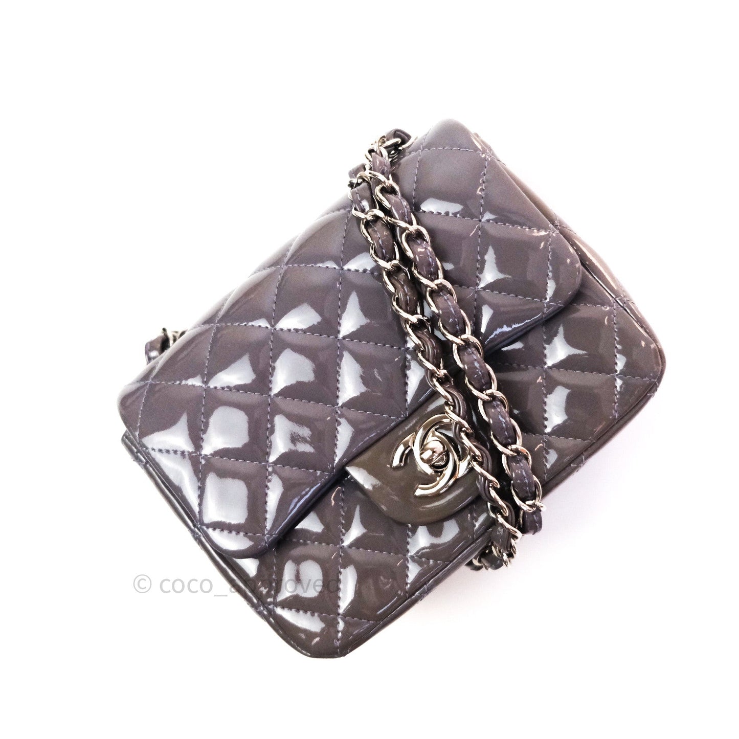 Chanel Mini Square Grey Patent Leather Silver Hardware