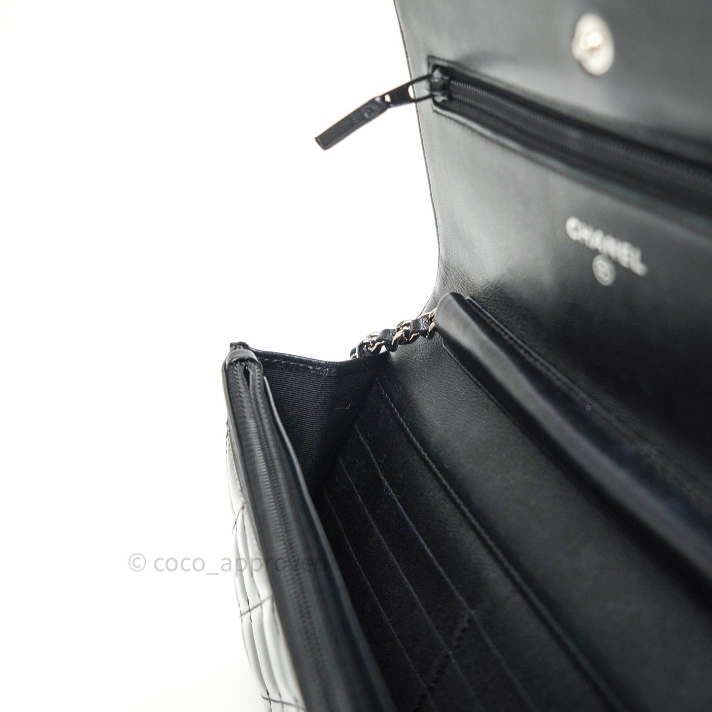 Chanel Quilted Wallet on Chain WOC Dark Green Patent Leather Silver Hardware