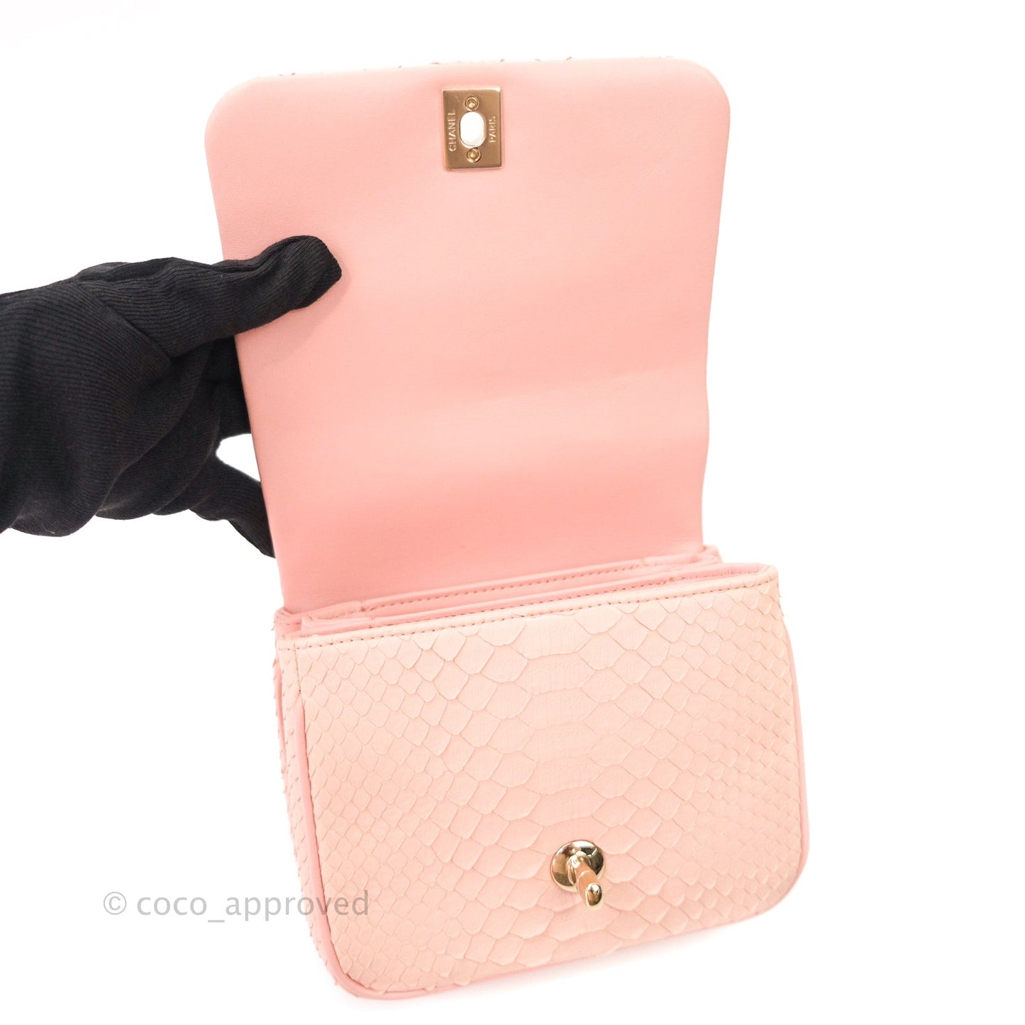 Chanel Small Handle Flap Bag Pink Python Gold Hardware
