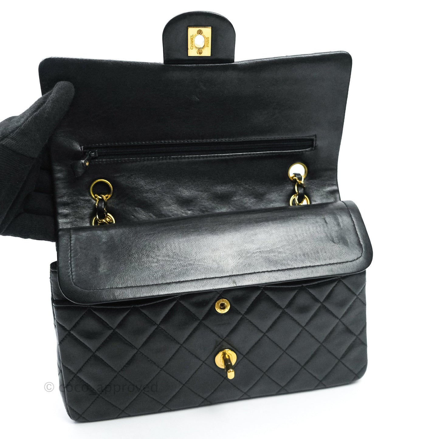 Chanel Vintage M/L Medium Double Flap Bag Black Lambskin 24K Gold Hardware