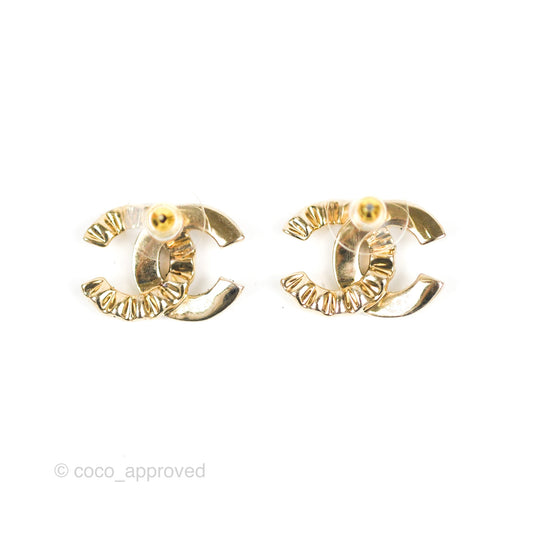 Chanel Crystal CC Wavy Earrings Light Gold Tone