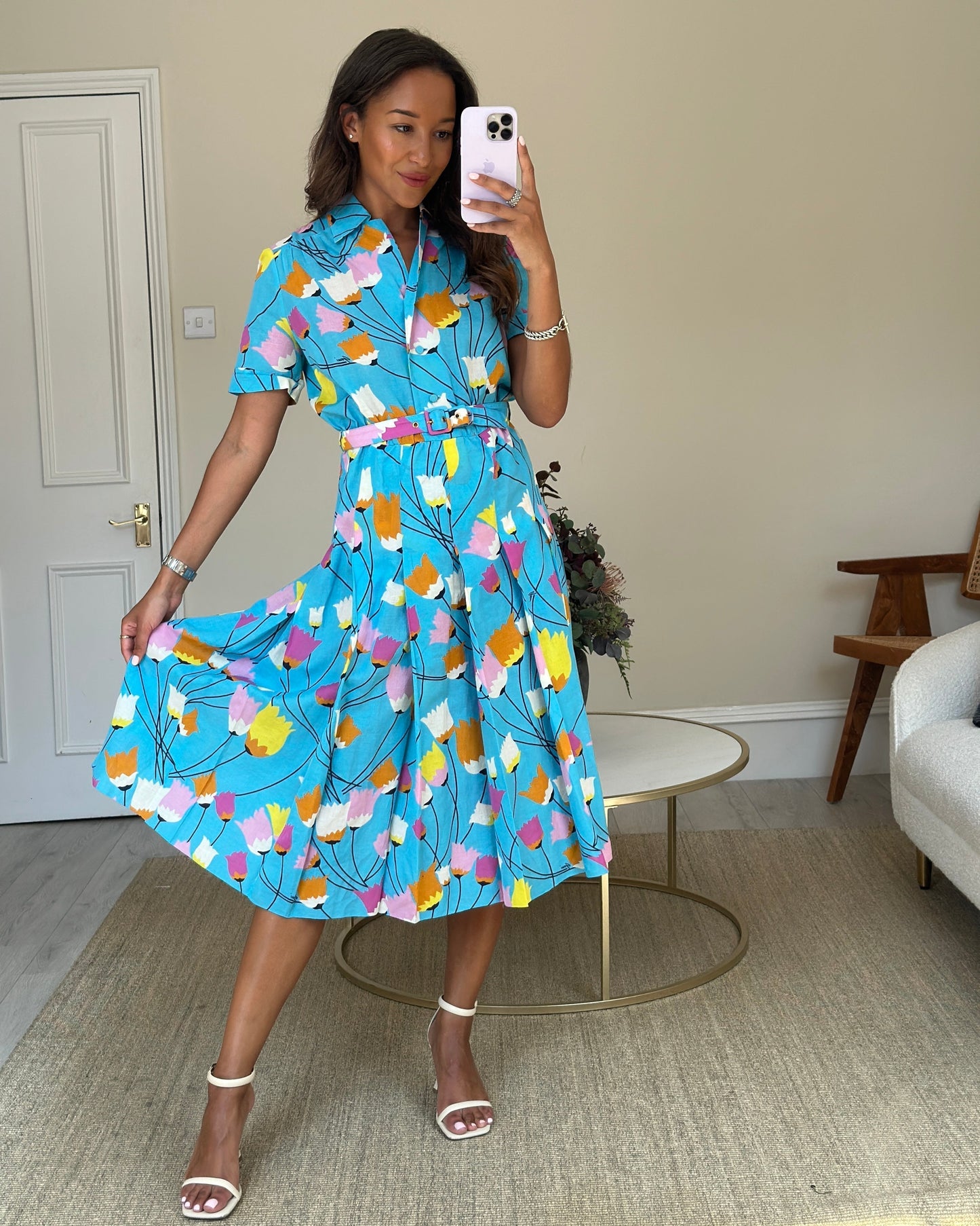 Luxury Gucci Trending 2025 Blue Floral Linen Blend Belted Midi Dress Size IT 40