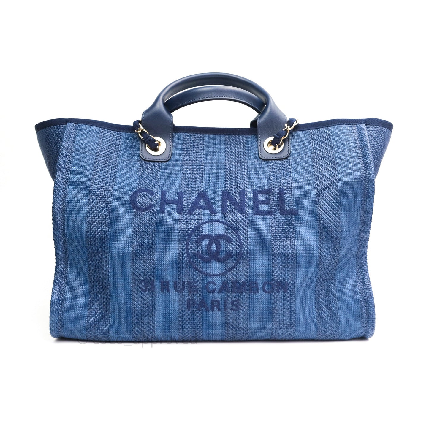 Chanel Canvas Large Deauville Tote Navy Blue Stripe 20S