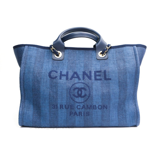 Chanel Canvas Large Deauville Tote Navy Blue Stripe 20S