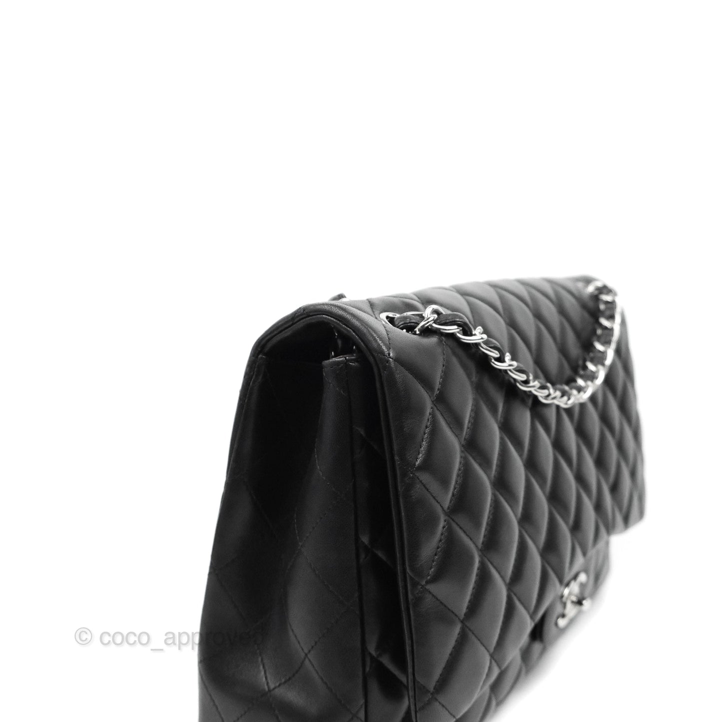 Chanel Quilted Single Flap Maxi Flap Black Lambskin Silver Hardware