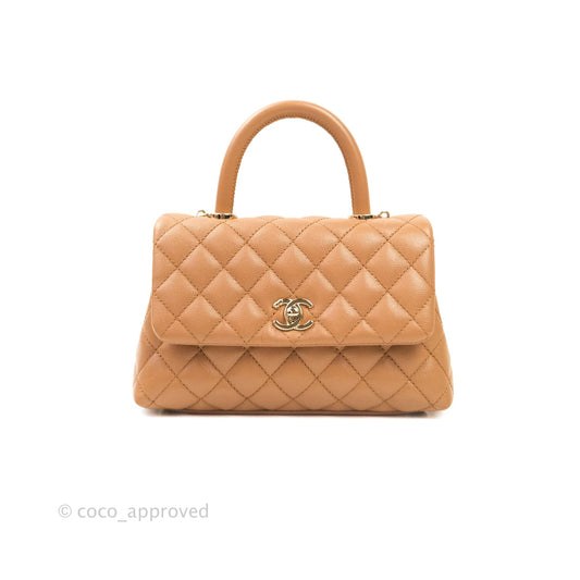 Chanel Mini Coco Handle Quilted Dark Beige Caviar Gold Hardware 21P