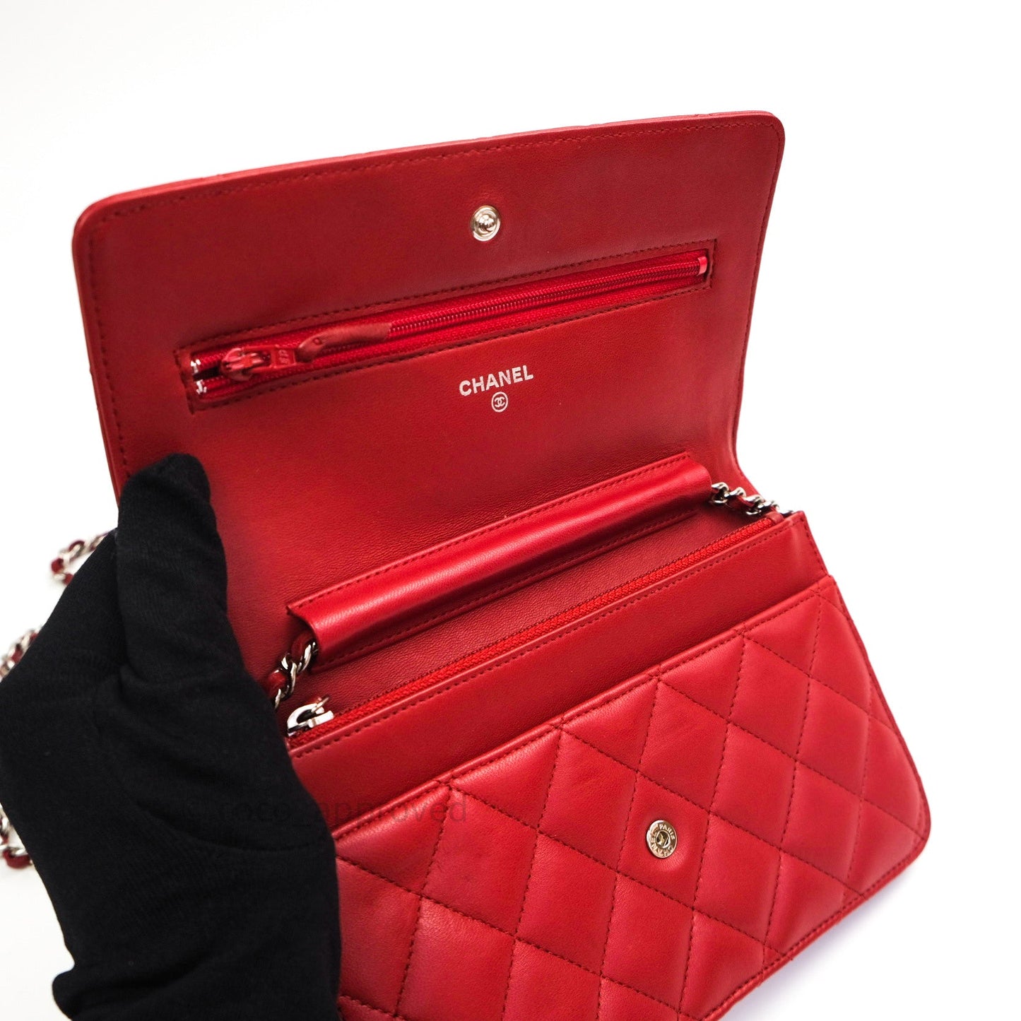 Chanel Quilted Wallet on Chain WOC Red Lambskin Silver Hardware