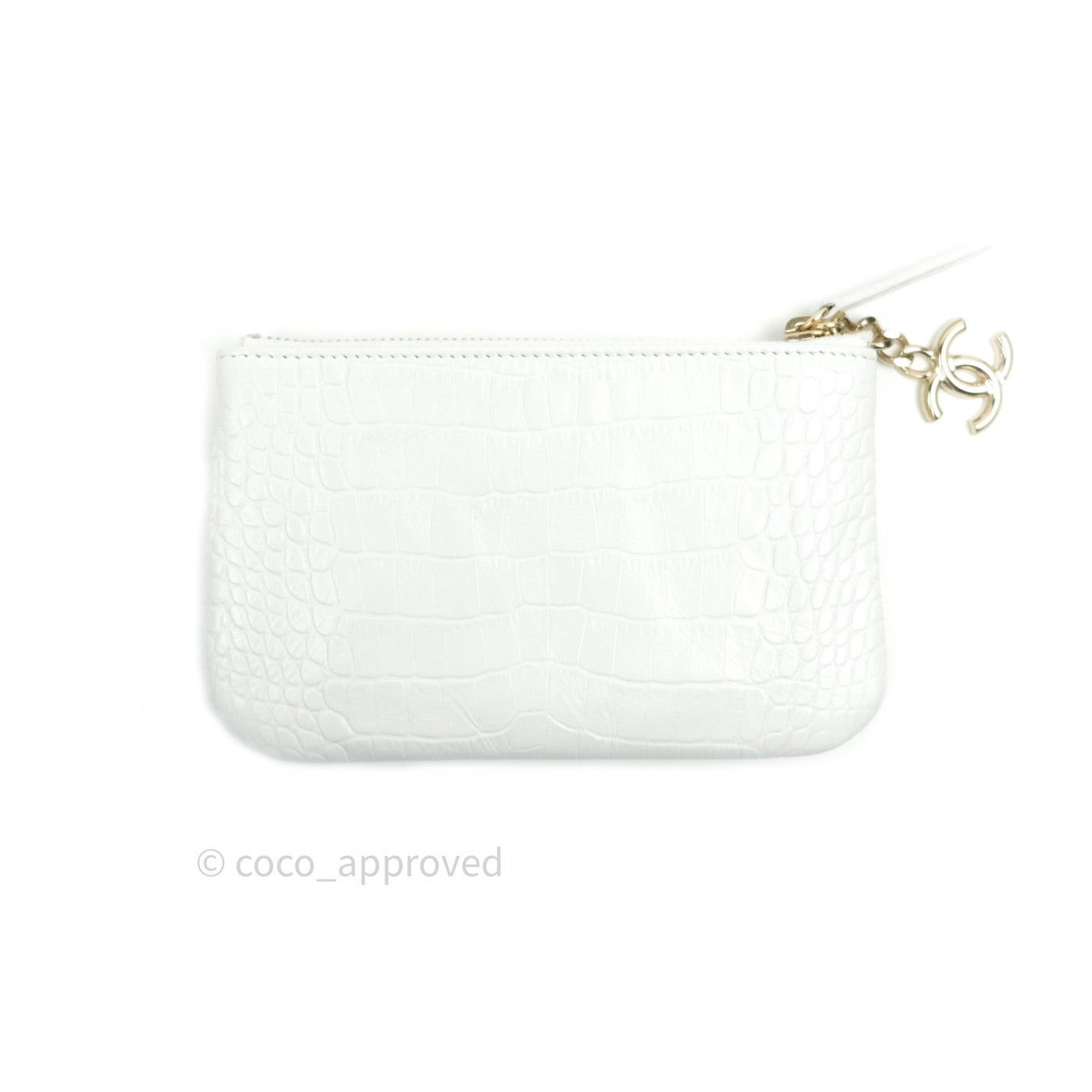 Chanel Calfskin Crocodile Embossed Mini O Case White Gold