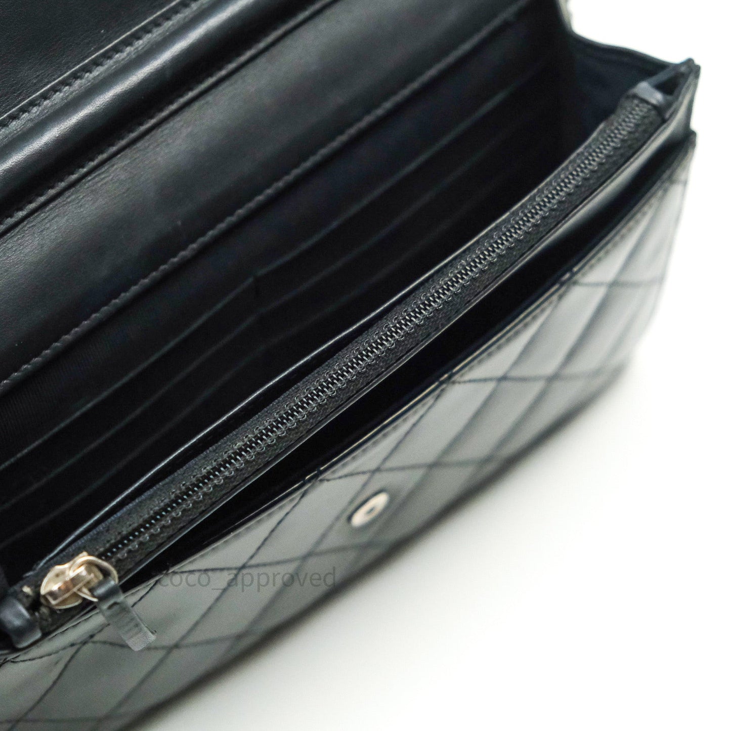 Chanel Quilted Wallet on Chain WOC Black Patent Leather Silver Hardware
