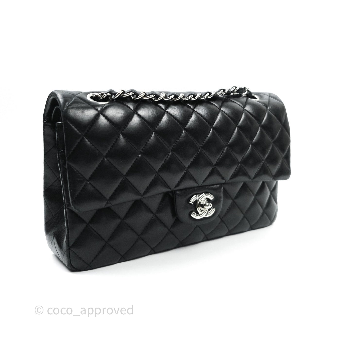 Chanel Classic M/L Medium Double Flap Black Lambskin Silver Hardware