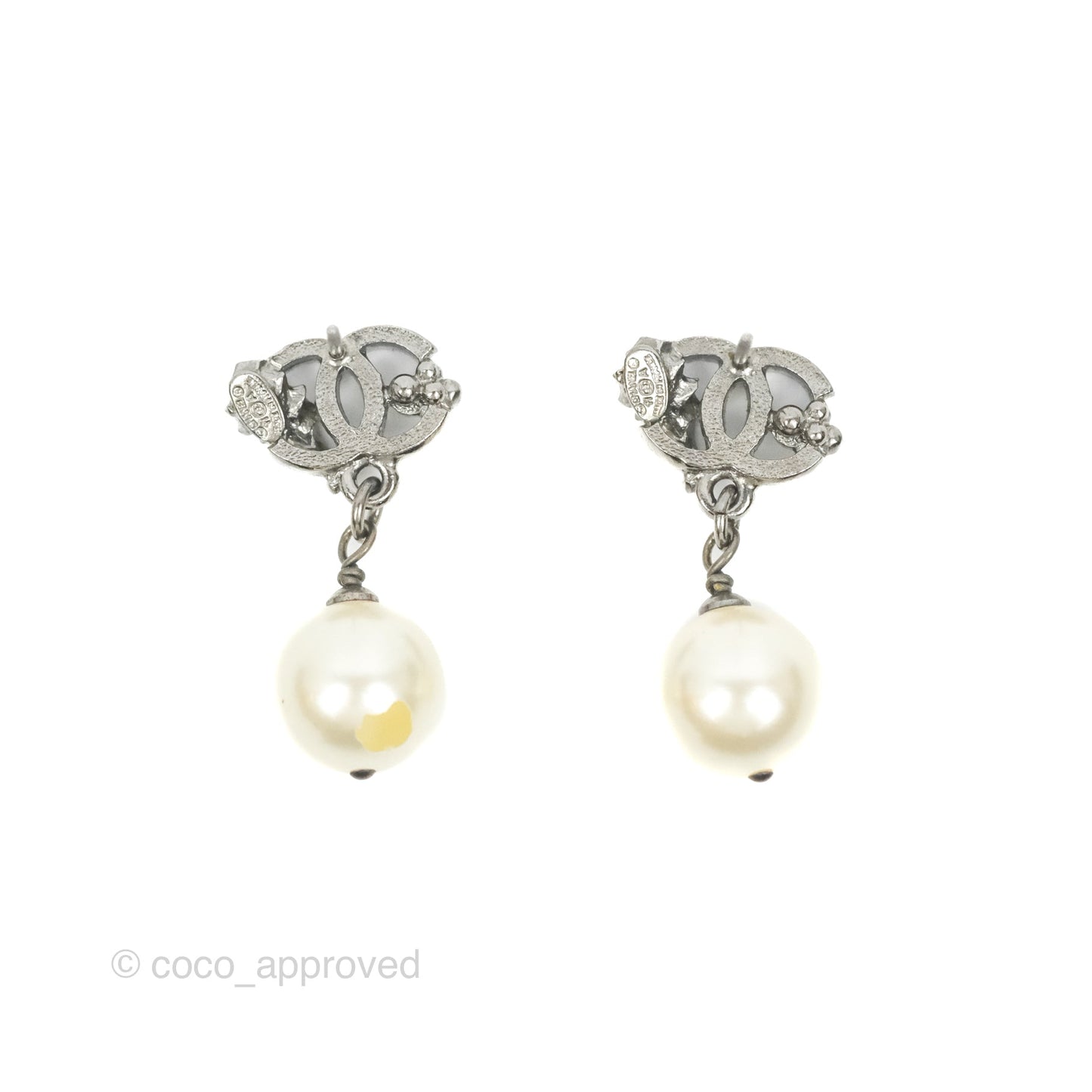 Chanel CC Pearl Drop Earrings Gun Metal 11A