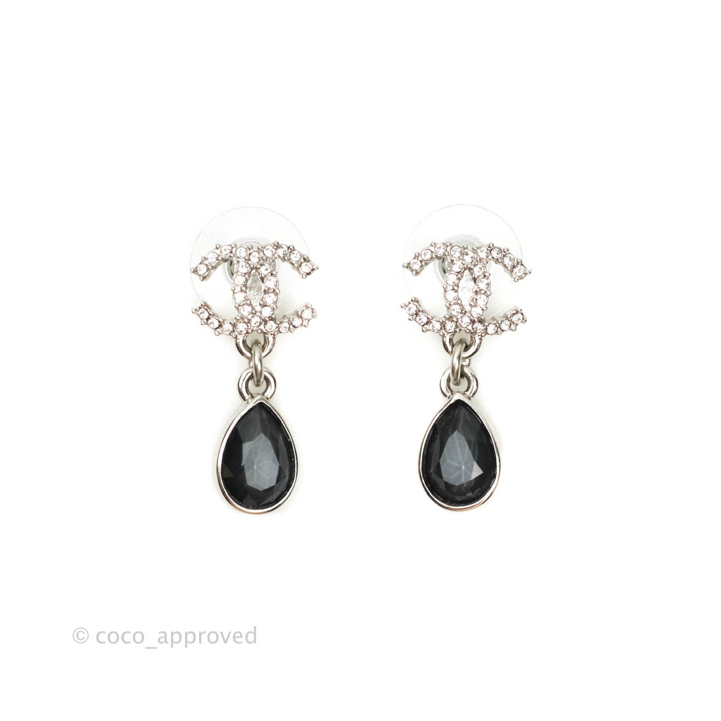 Chanel Drop Crystal Earrings Silver Tone