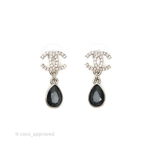 Chanel Drop Crystal Earrings Silver Tone