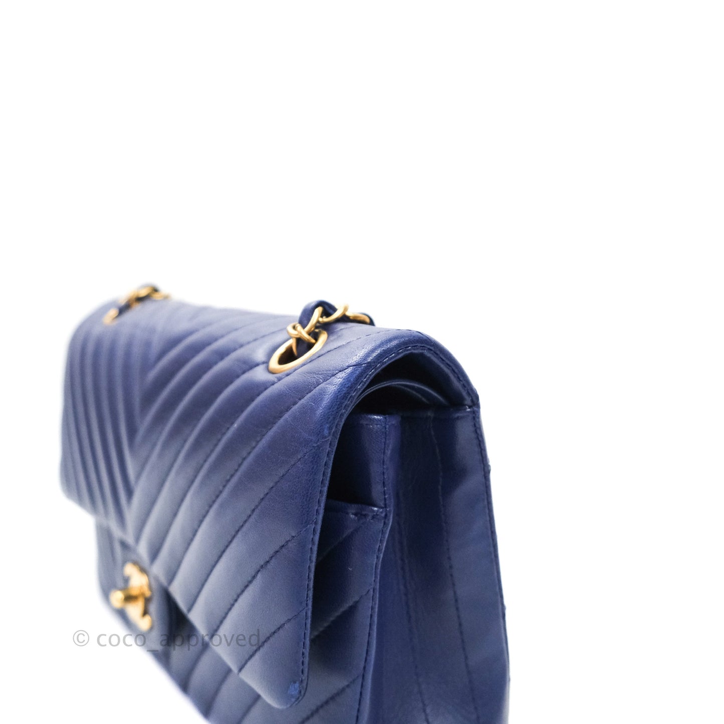 Chanel Classic Chevron M/L Medium Flap Blue Lambskin Gold Hardware