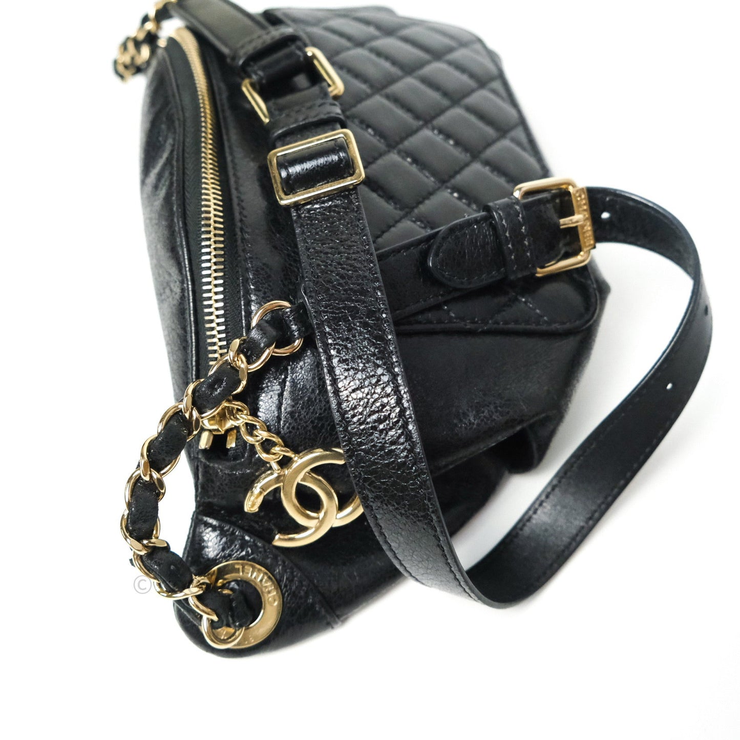 Chanel Black Glazed Calfskin Fanny Pack Belt Bag Gold Hardware