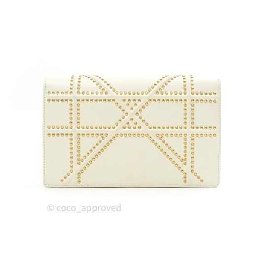 Christian Dior Diorama Wallet on Chain in White Calfskin Studded Gold