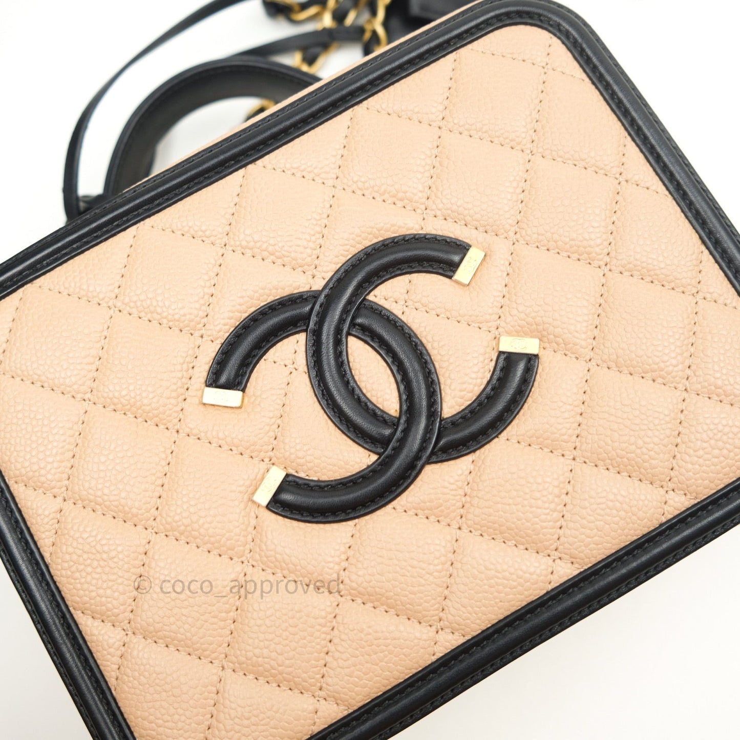 Chanel Quilted Medium CC Filigree Vanity Case Beige Caviar Gold Hardware