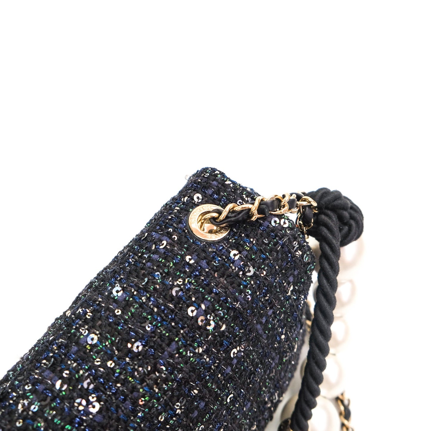 Chanel Tweed Medium Pearl Handle Flap Black Ecru
