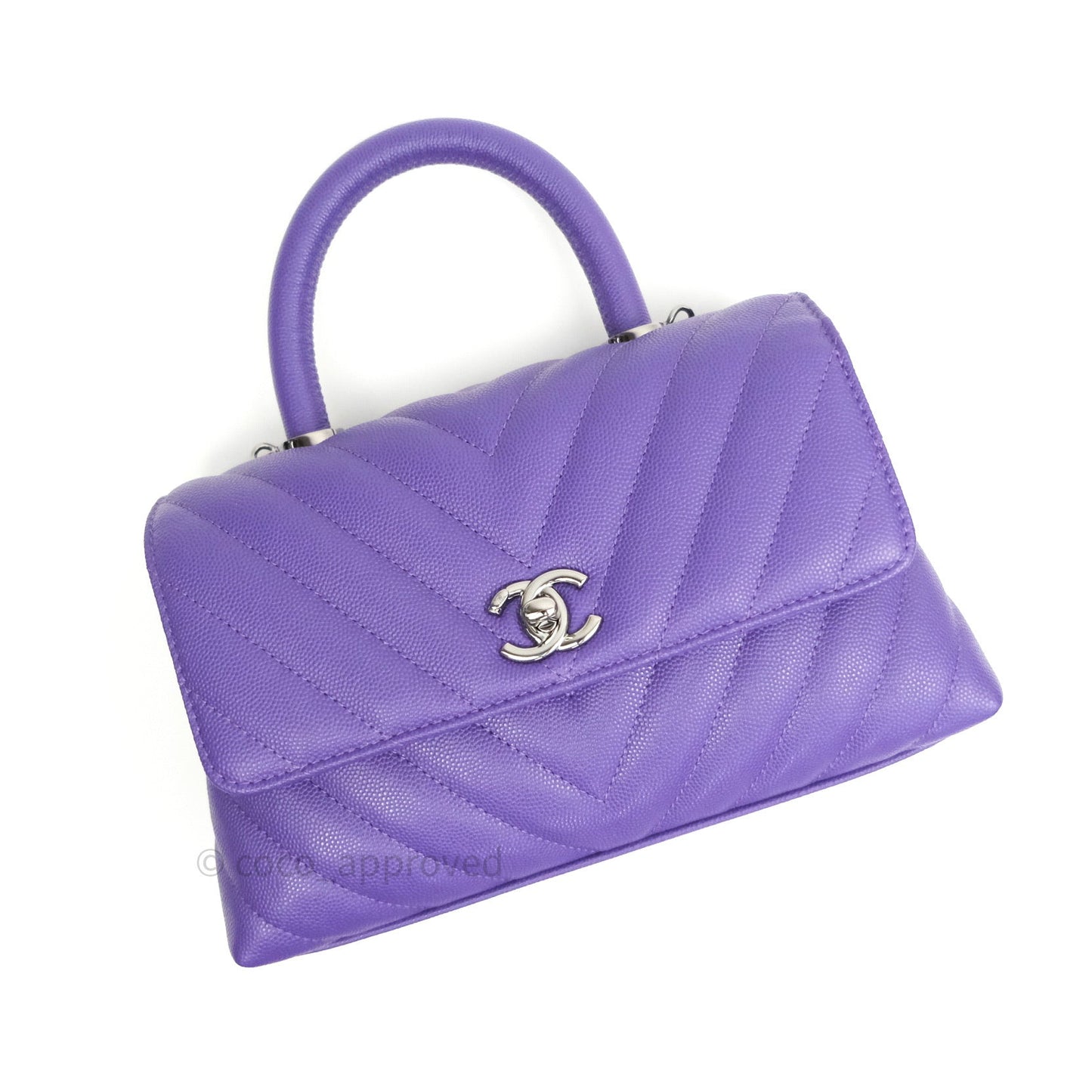 Chanel Mini Coco Handle Chevron Purple Caviar Quilted Dark Silver Hardware