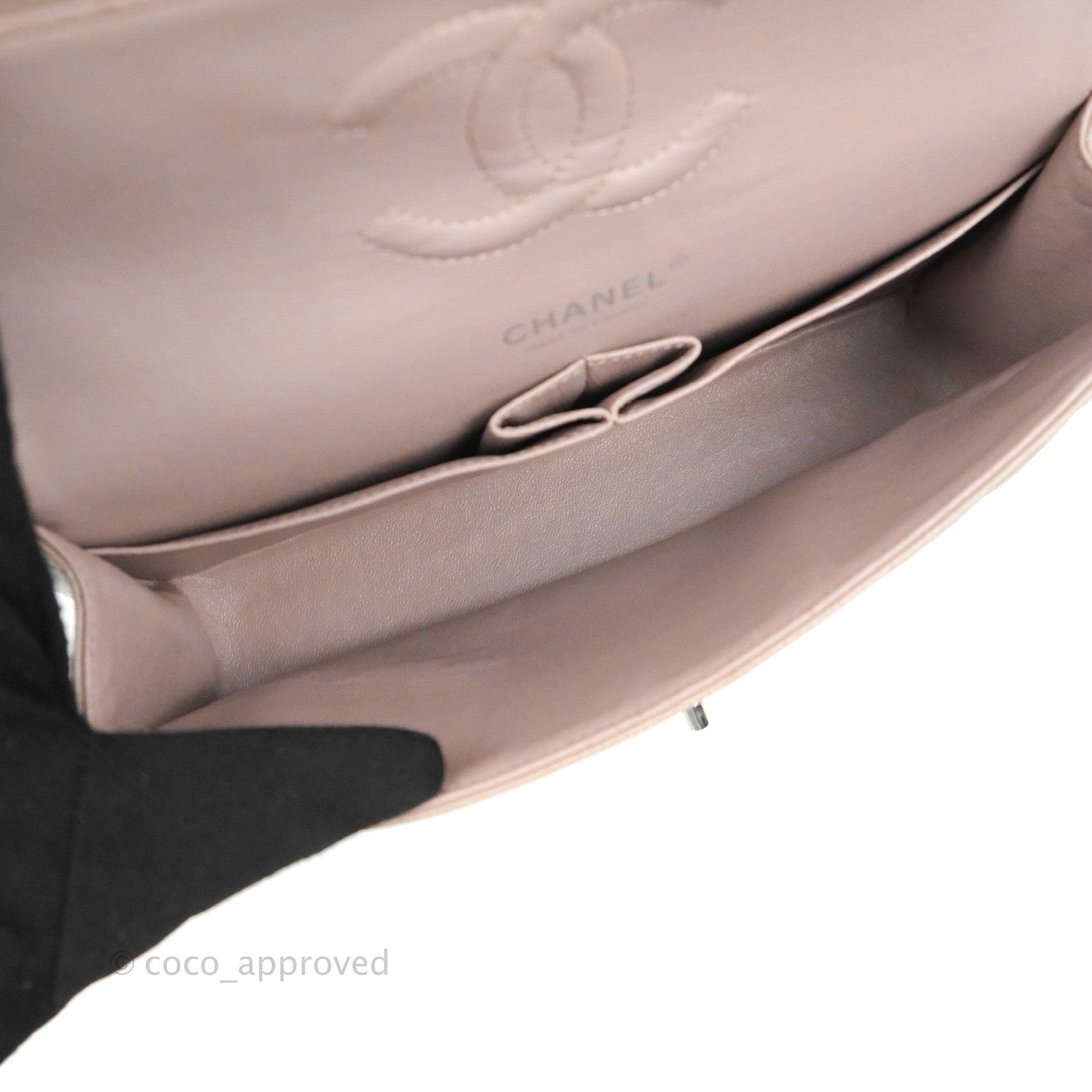 Chanel Classic M/L Medium Flap Quilted Taupe Grey Caviar Silver Hardware