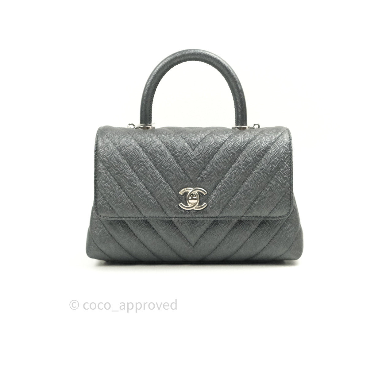 Chanel Coco Handle Chevron Mini Dark Grey Caviar Quilted Dark Silver Hardware