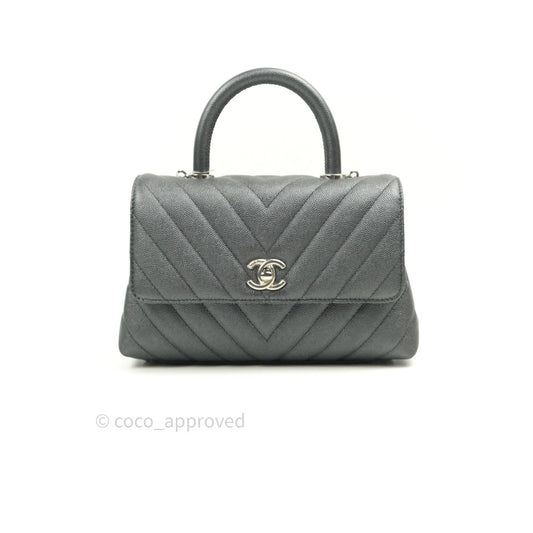 Chanel Coco Handle Chevron Mini Dark Grey Caviar Quilted Dark Silver Hardware