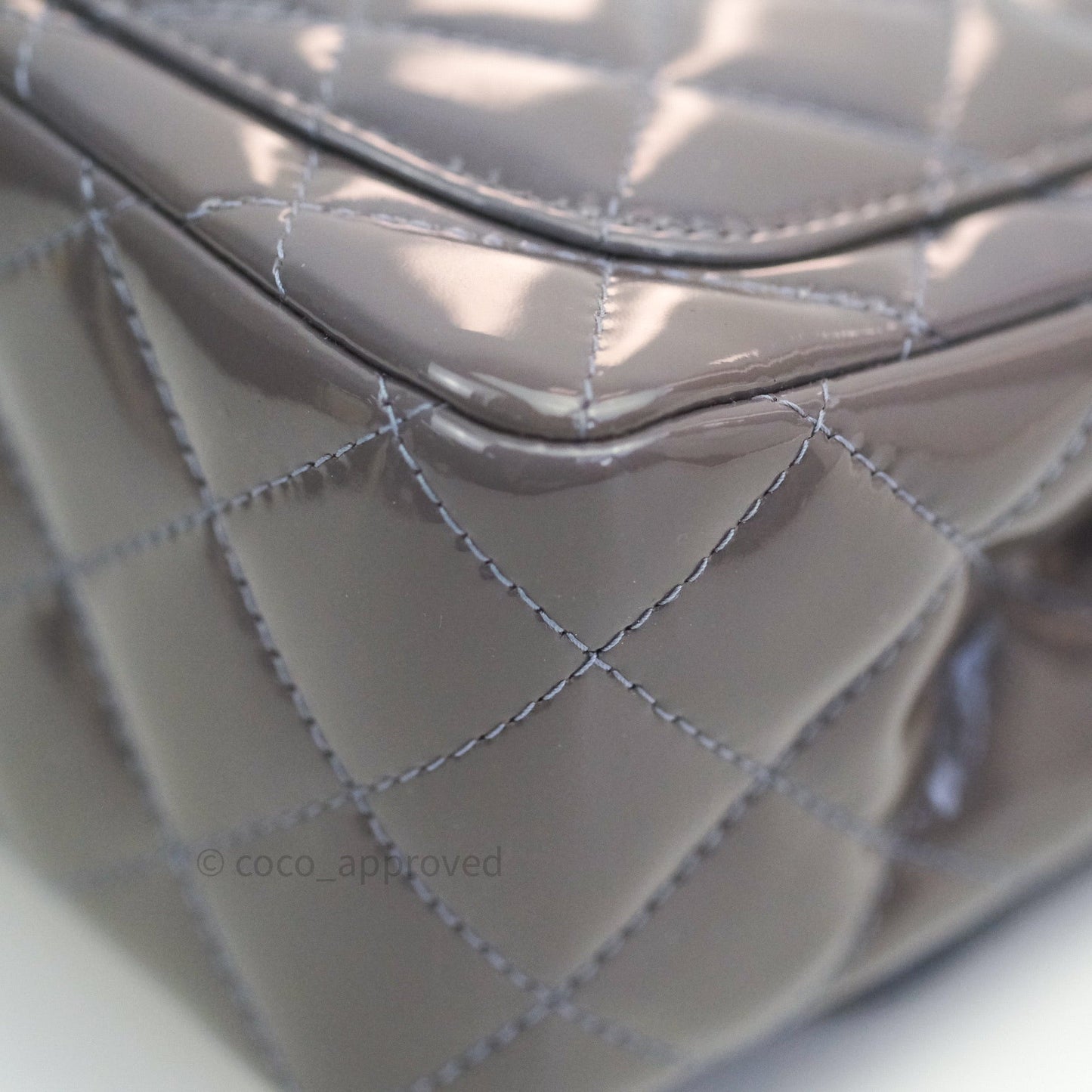 Chanel Mini Square Grey Patent Leather Silver Hardware