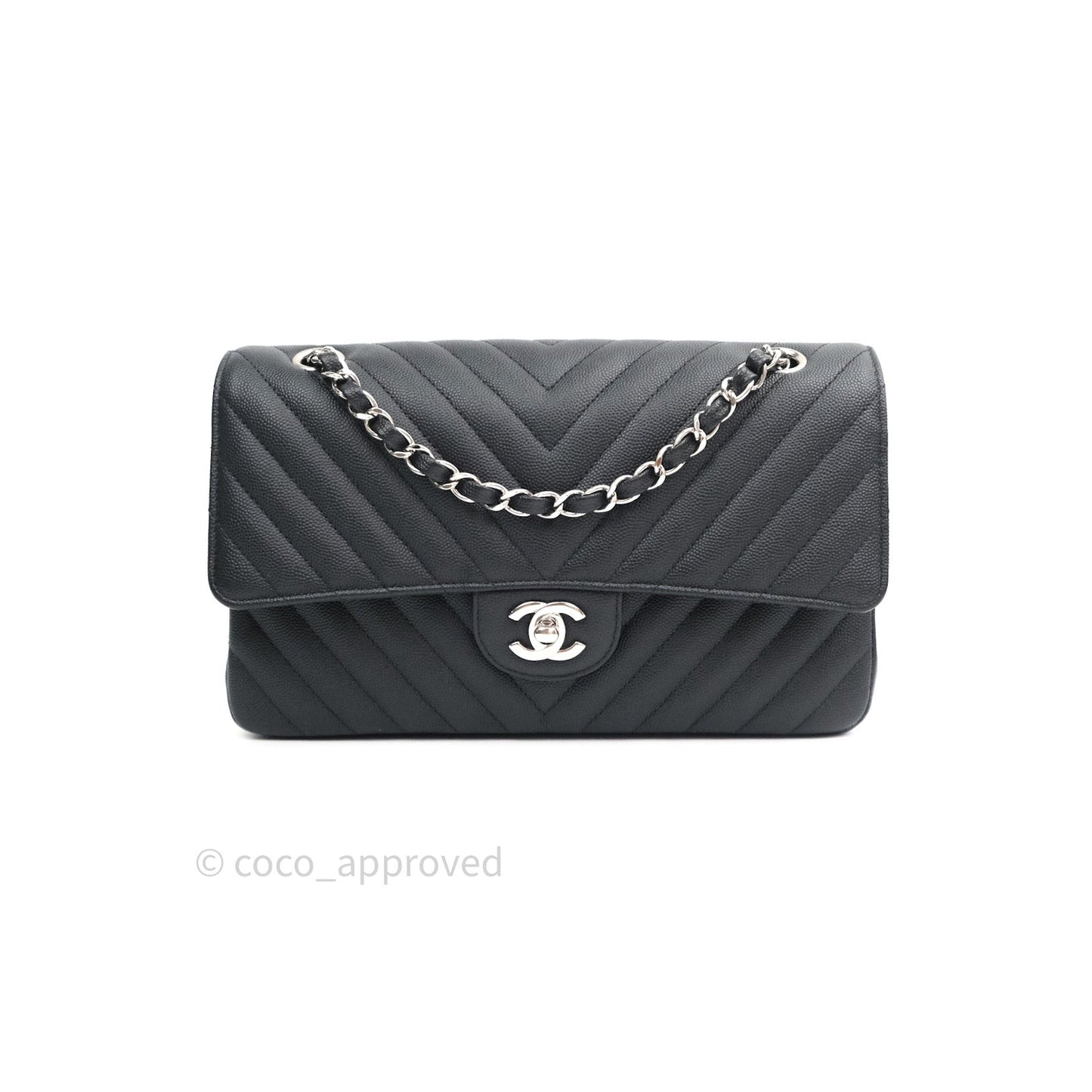 Chanel Classic M/L Chevron Black Caviar Silver Hardware