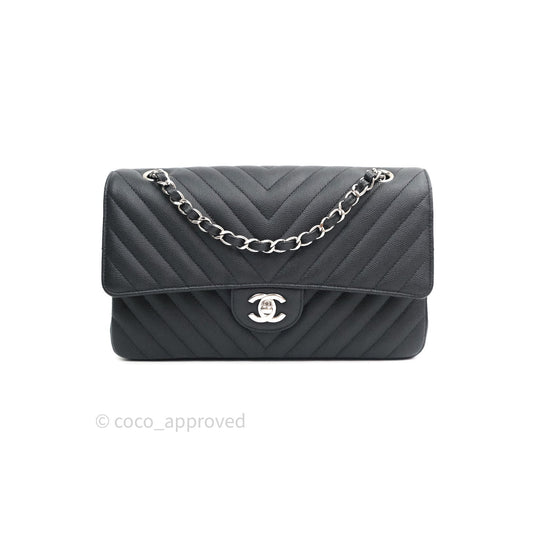 Chanel Classic M/L Chevron Black Caviar Silver Hardware