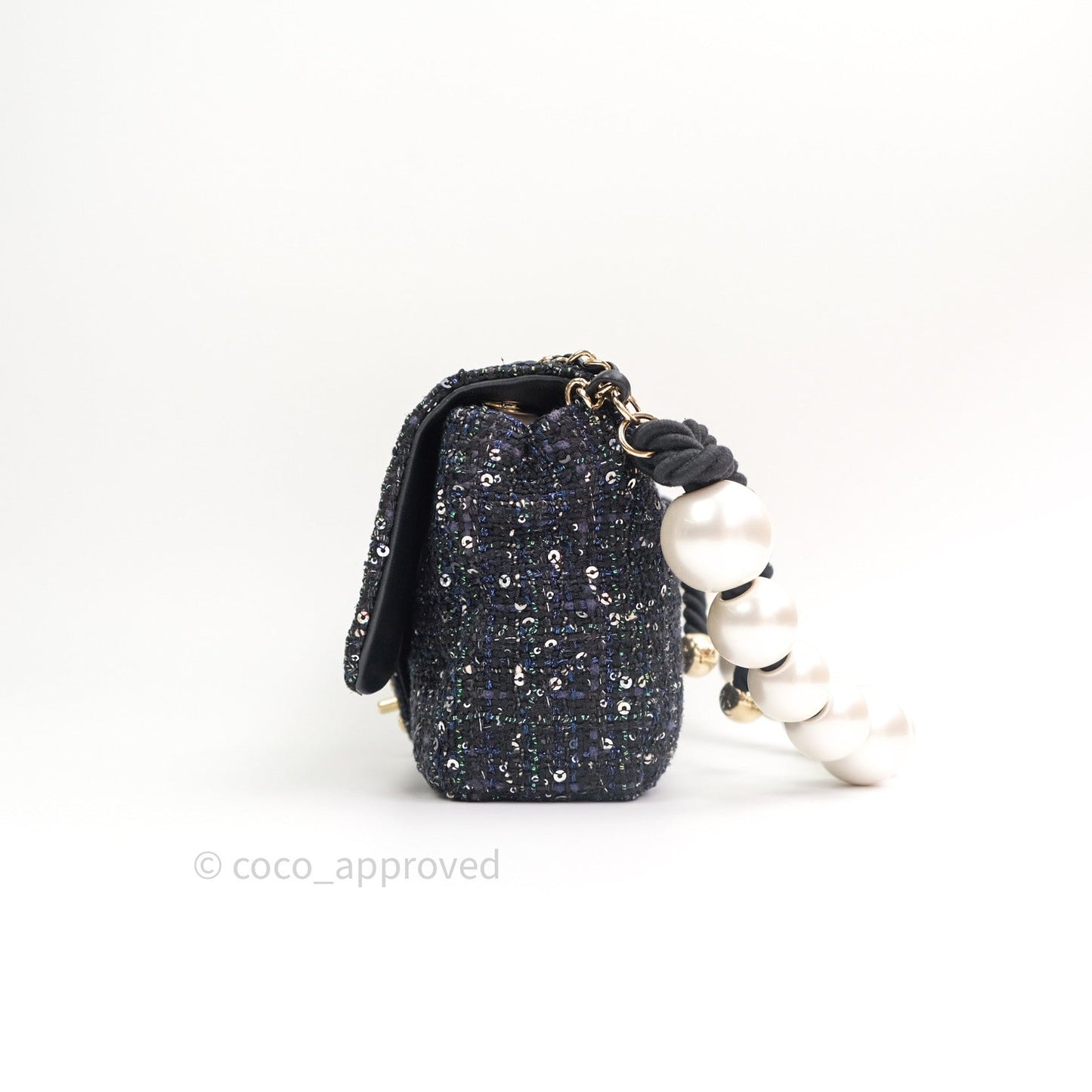 Chanel Tweed Medium Pearl Handle Flap Black Ecru