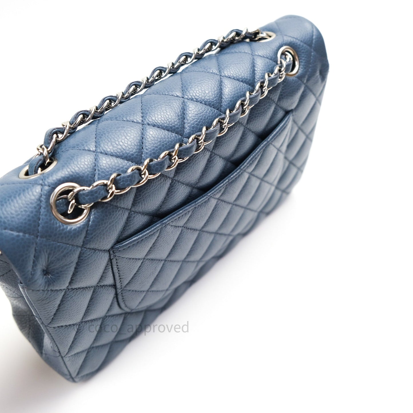 Chanel Classic Double Flap Quilted M/L Blue Caviar Silver Hardware