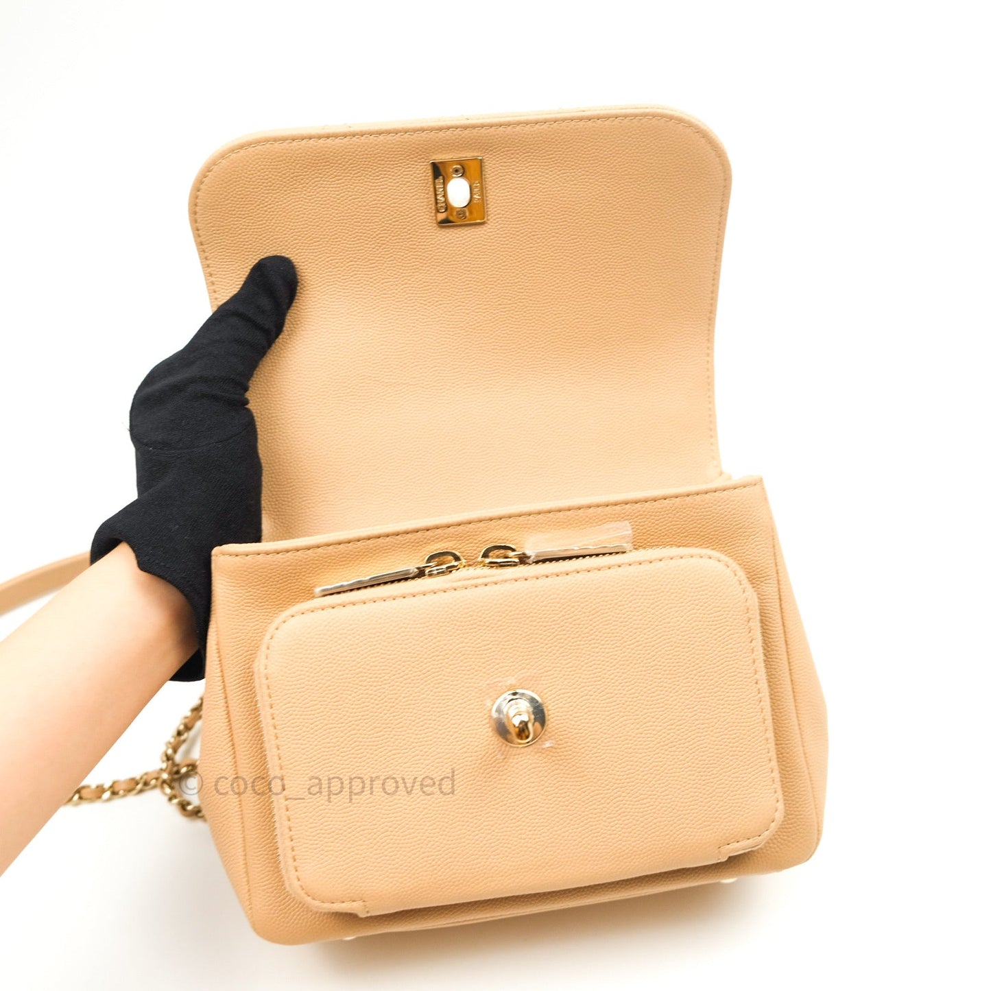 Chanel Quilted Small Business Affinity Flap Beige Caviar Light Gold Hardware