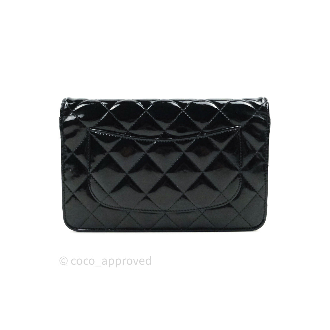Chanel Quilted Wallet on Chain WOC Black Patent Leather Silver Hardware