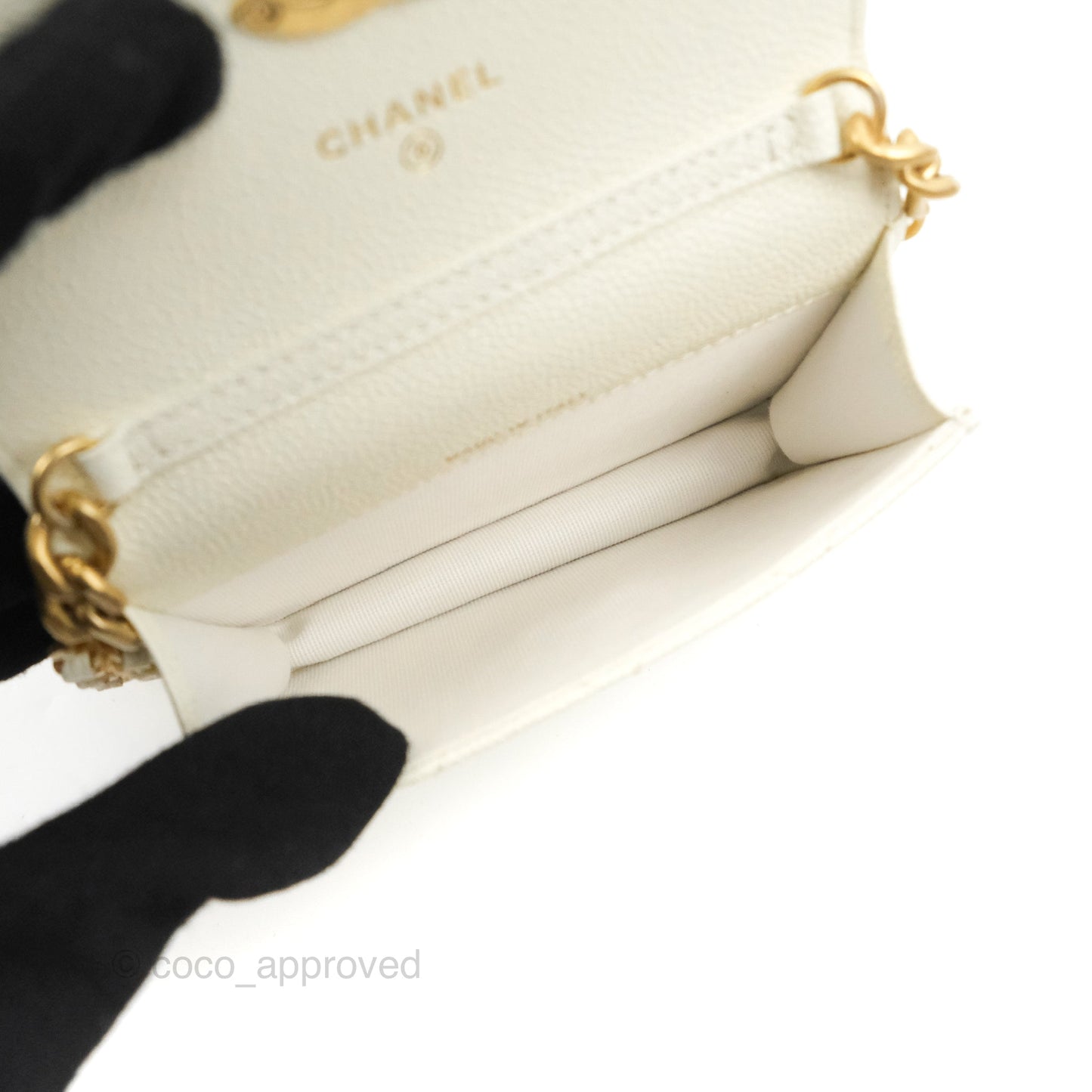 Chanel Mini Clutch With Chain White Caviar Aged Gold Hardware