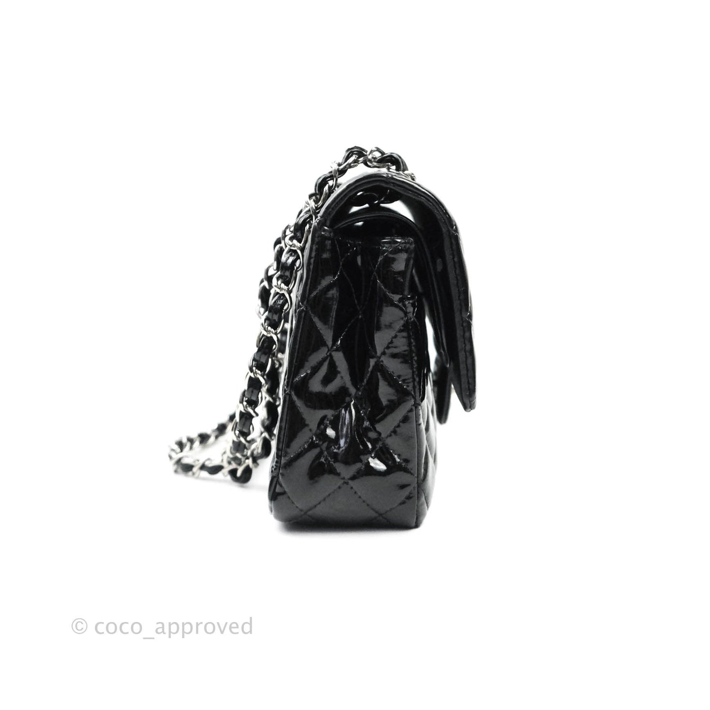 Chanel Classic M/L Medium Double Flap Bag Black Patent Silver Hardware