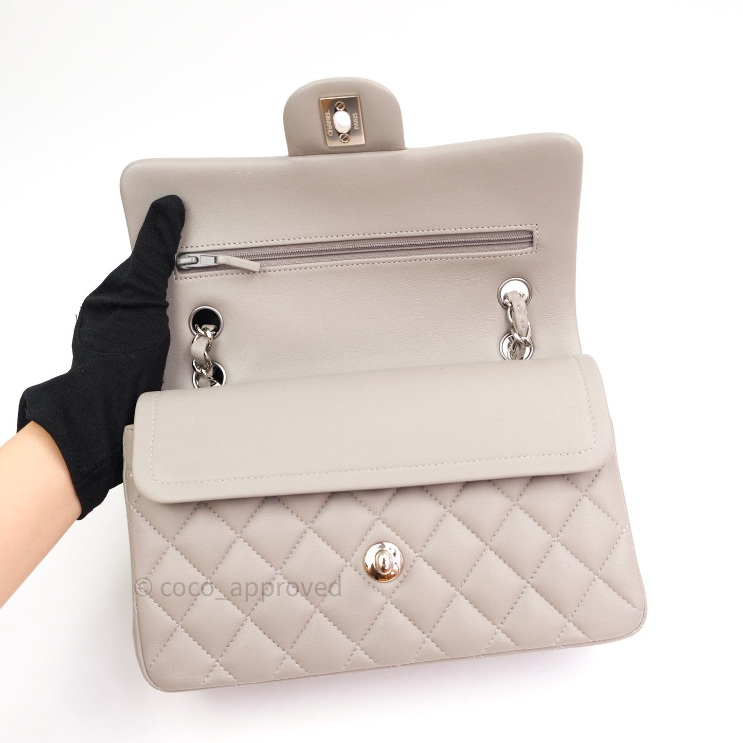 Chanel Classic Small S/M Flap Grey Lambskin Silver Hardware