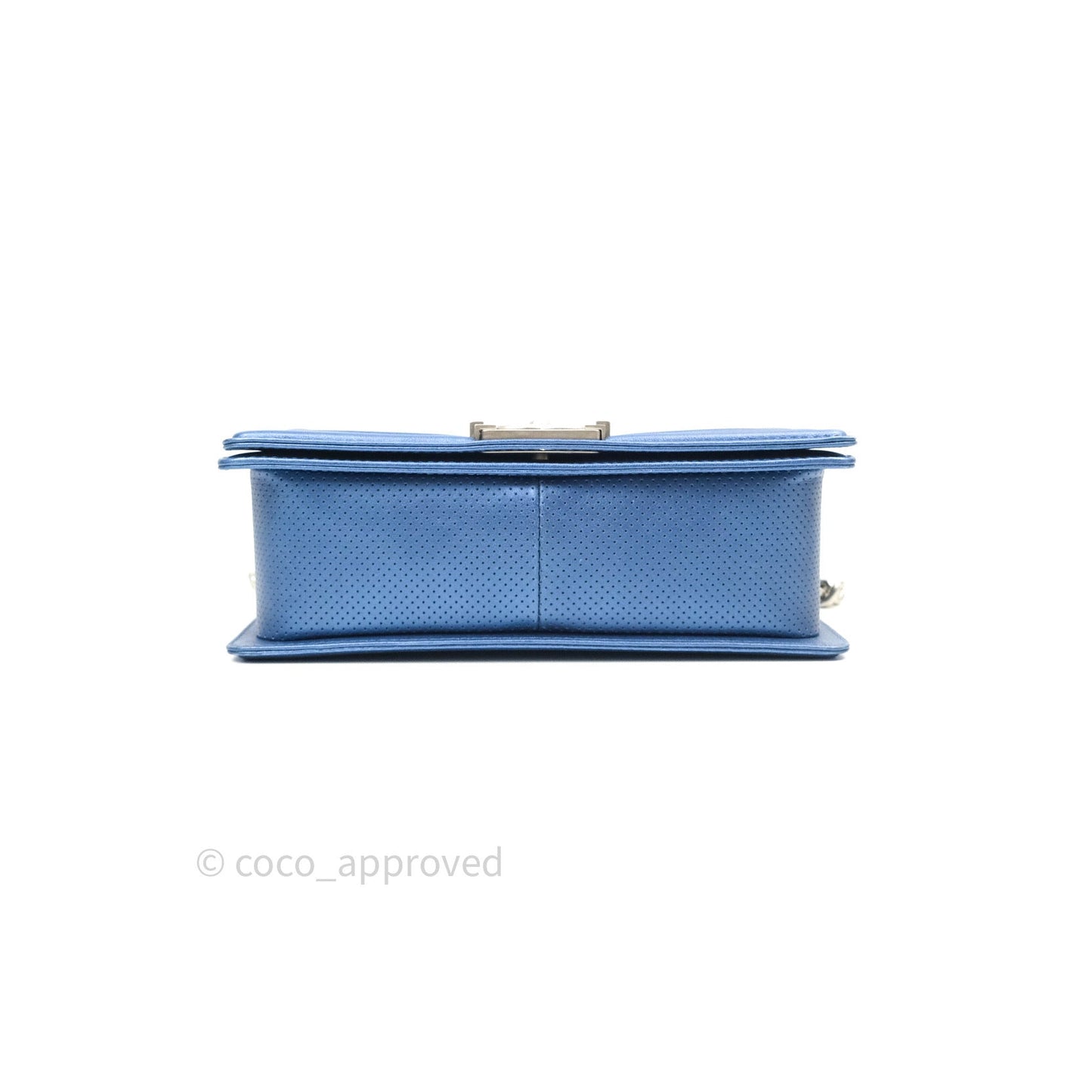 Chanel Boy Medium Blue Metallic Calfskin Perforated Silver Hardware