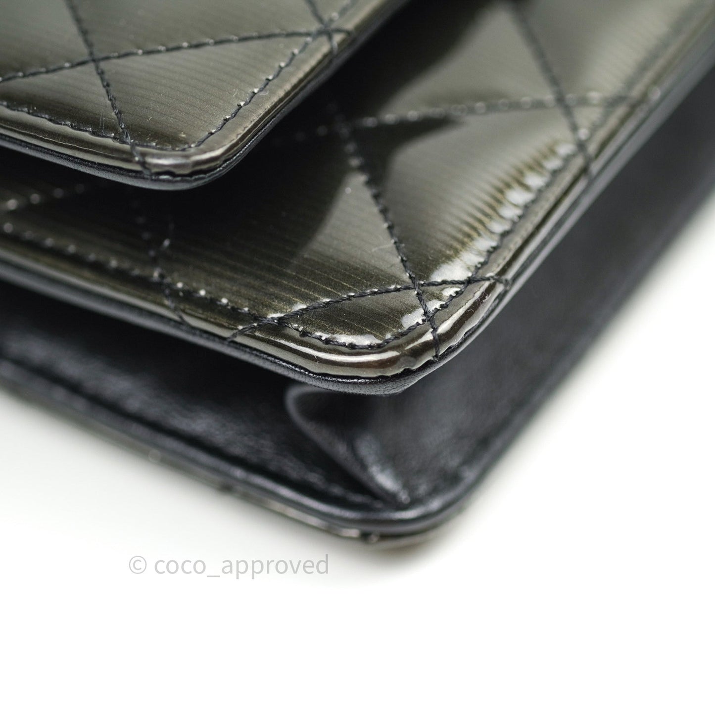 Chanel Quilted Wallet on Chain WOC Dark Green Patent Leather Silver Hardware