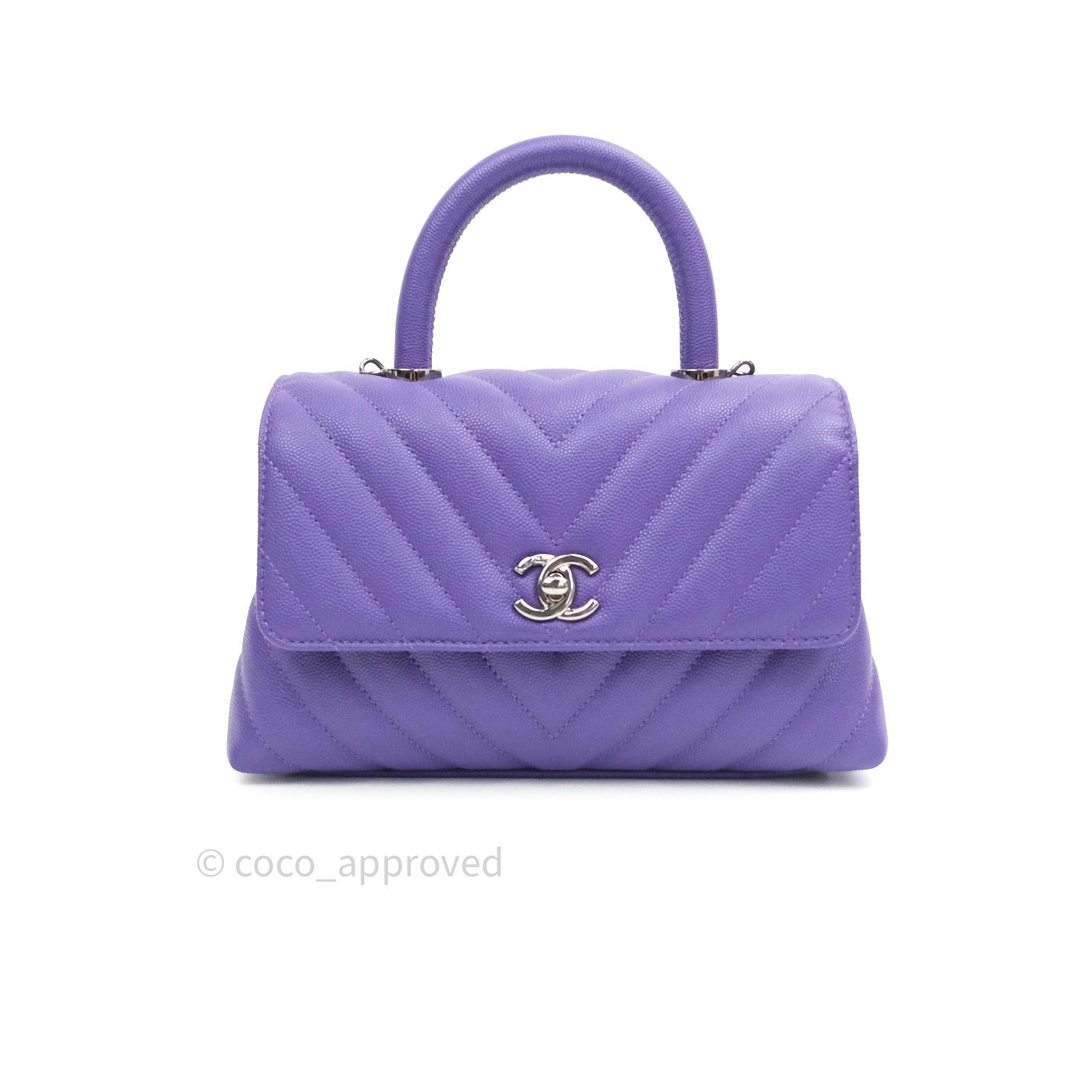 Chanel Mini Coco Handle Chevron Purple Caviar Quilted Dark Silver Hardware