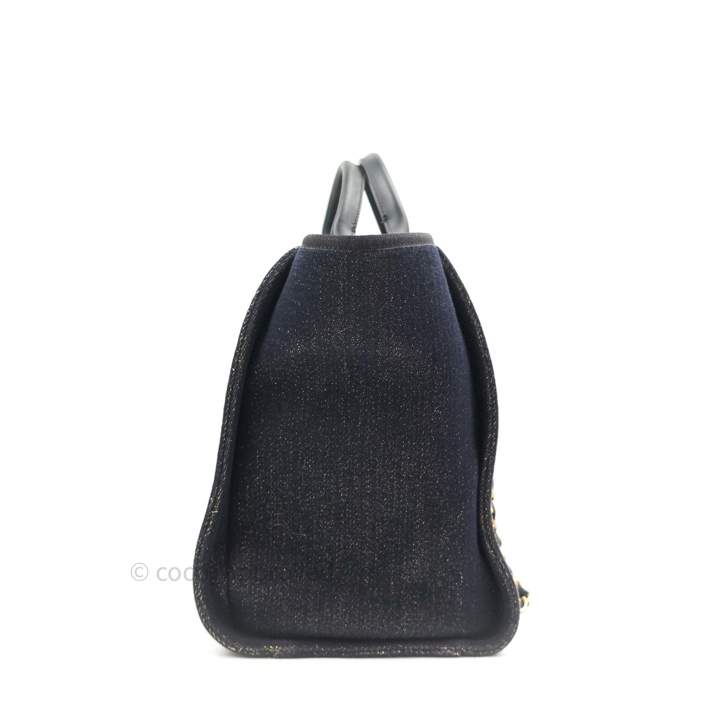 Chanel Canvas Large Deauville Tote Navy Glittery Gold Logo 19B