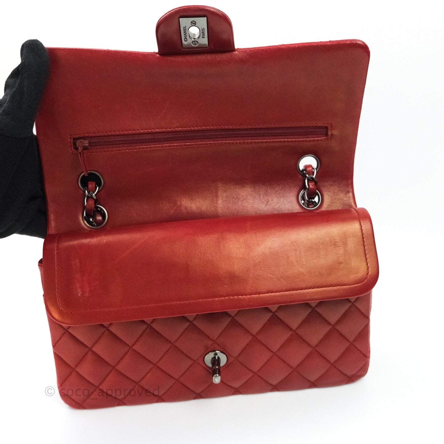 Chanel Classic M/L Medium Double Flap Dark Red Lambskin Gunmetal Hardware